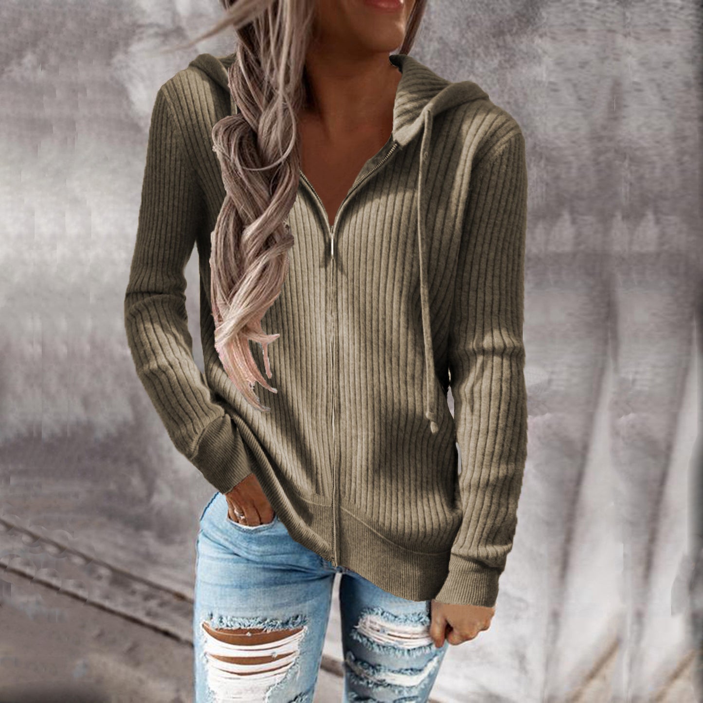 Women's Oversized Zip Up Hooded Knit Cardigan