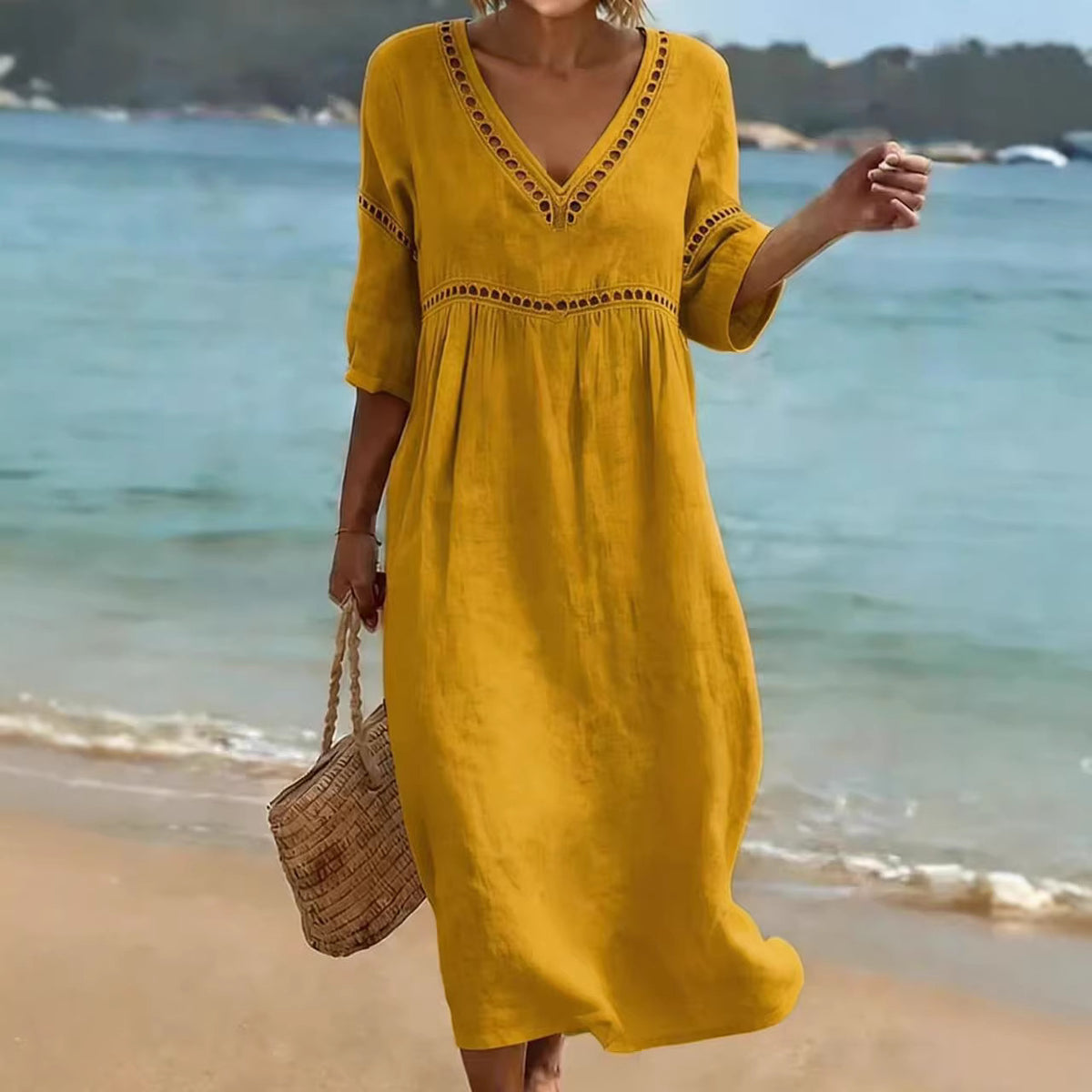Women's V-Neck Eyelet Midi Dress Flowy 3/4 Sleeve