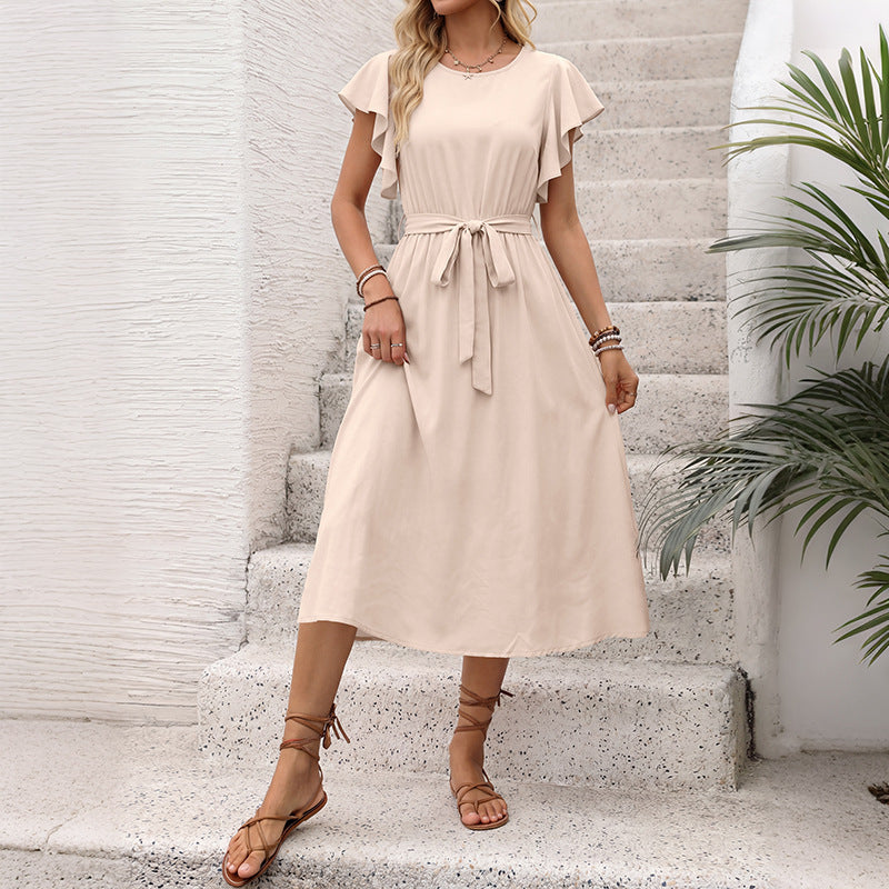 Women's Flutter Sleeve Tie Waist Midi A-Line Dress
