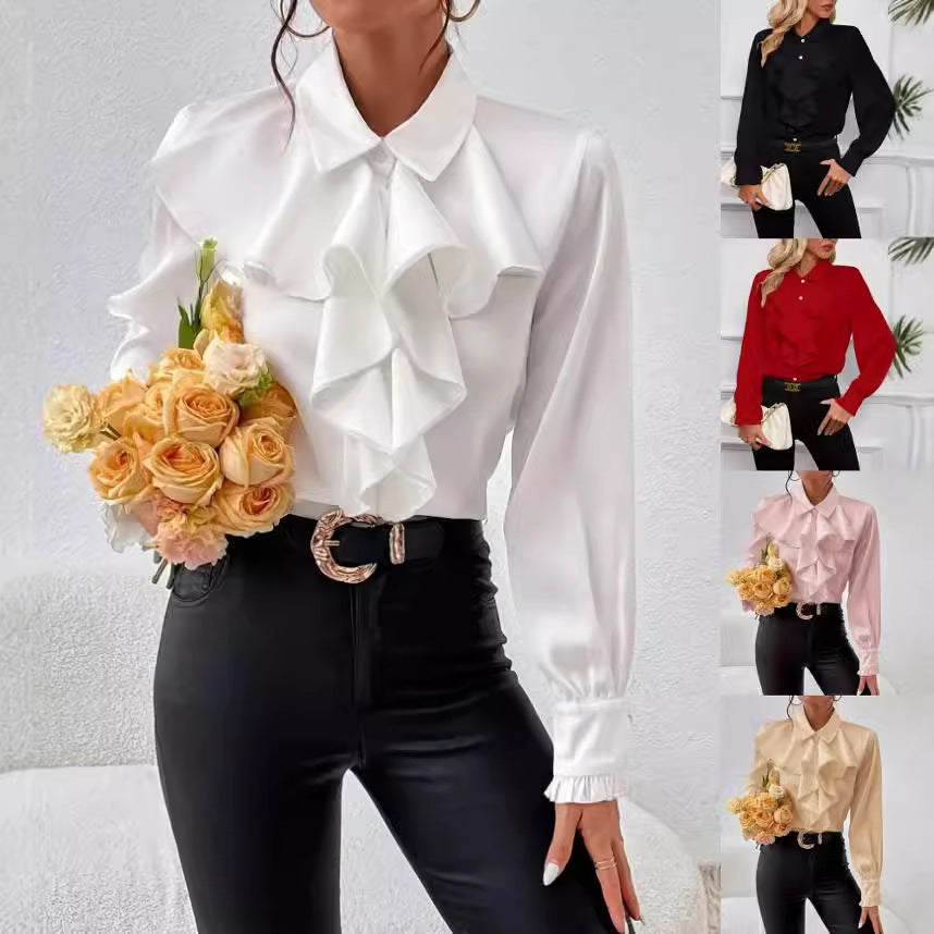 Womens Layered Ruffle Collared Long Sleeve Work Blouse