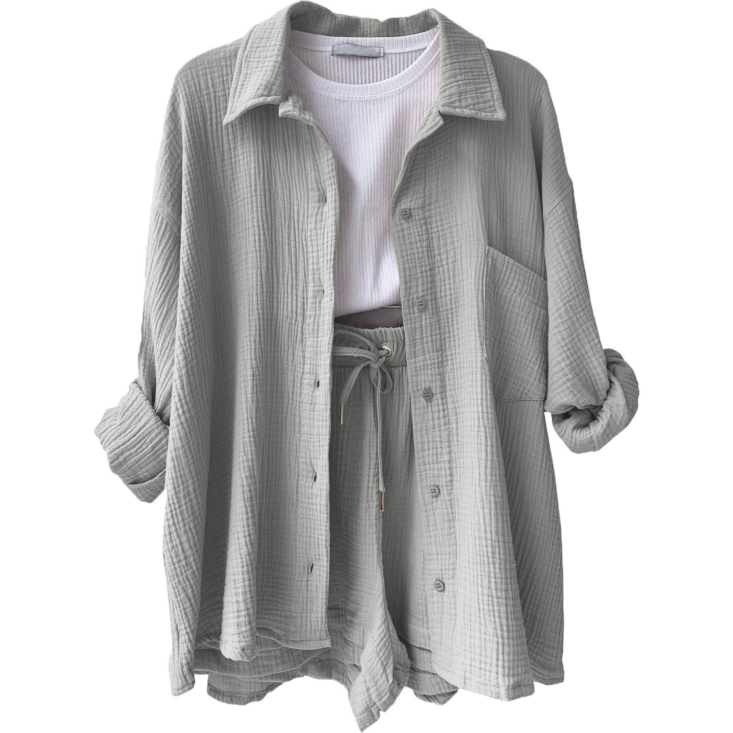Women's Textured Shirt & Drawstring Shorts Matching Set
