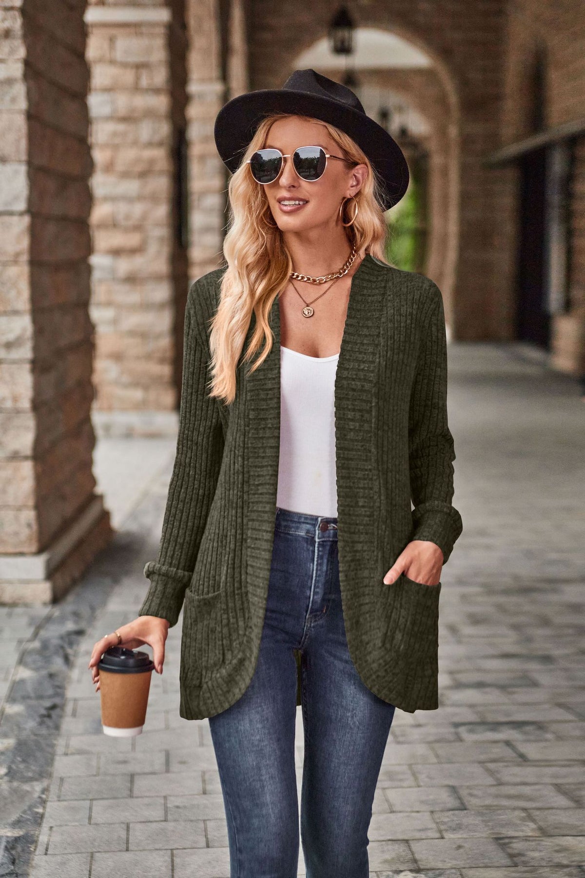 Women's Open Front Ribbed Knit Long Cardigan with Pockets