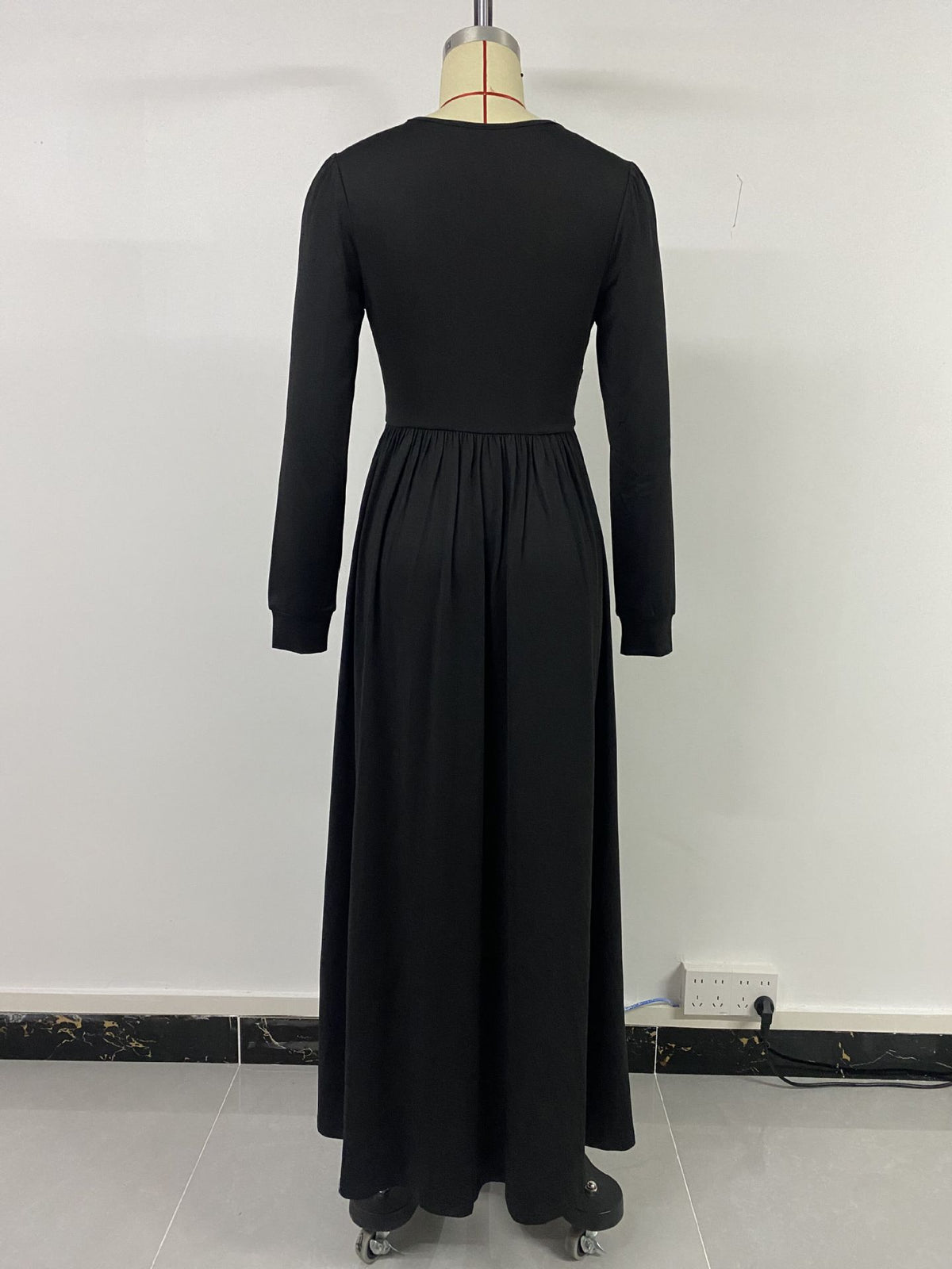 Lace V-Neck Long Sleeve Slit A-Line Maxi Dress