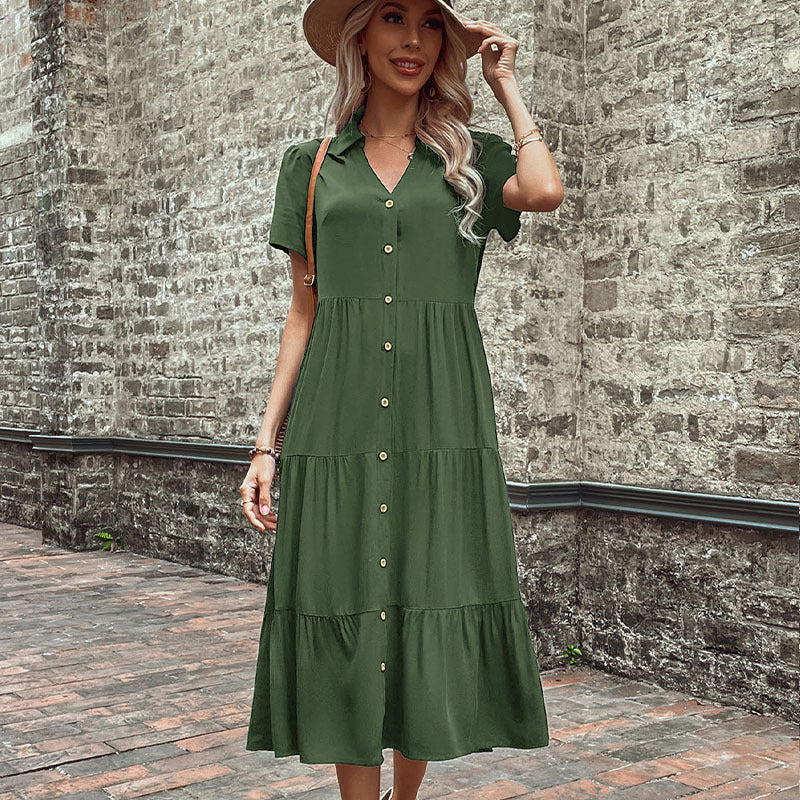 Button Front Tiered Midi Shirt Dress Casual Summer Dress