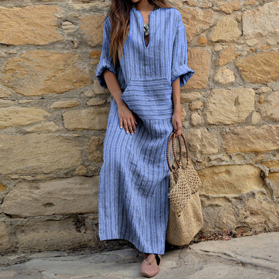 Women Striped Cotton Linen Maxi Dress Casual Loose Pockets