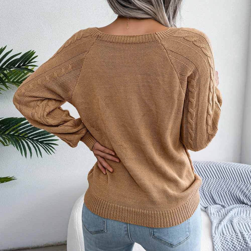 2025 Fall Winter Casual Square Neck Button Detail Cable Knit Sweater