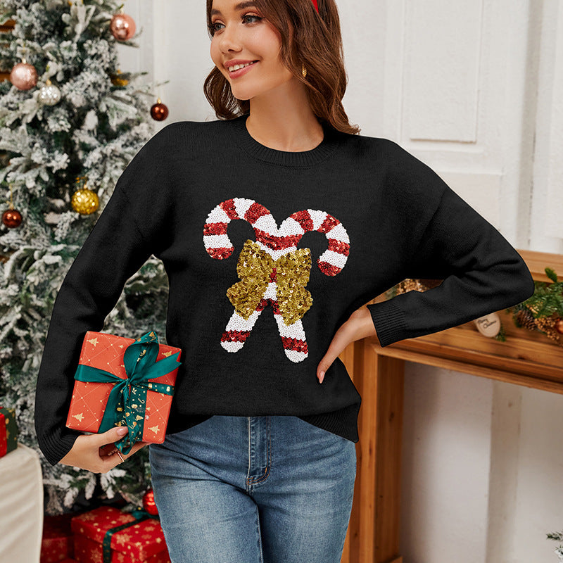 Sequin Candy Cane Bow Christmas Sweater for Women