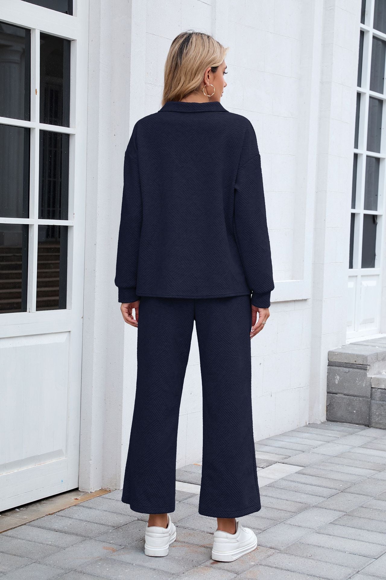 Women's Lounge Set Long Sleeve Collar Top Wide Leg Pants