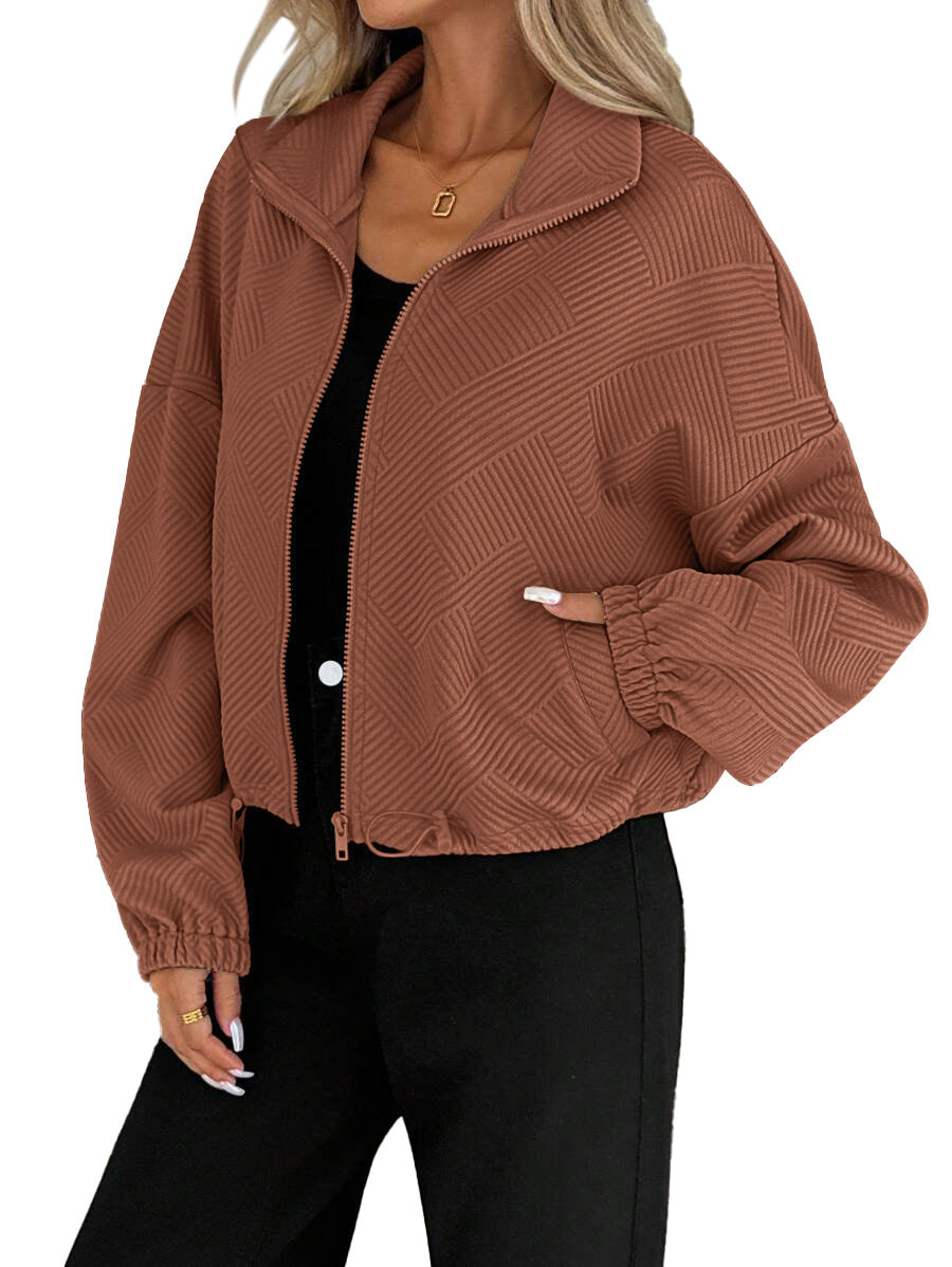 Textured Zip Up Bomber Jacket Drawstring Hem Casual Coat