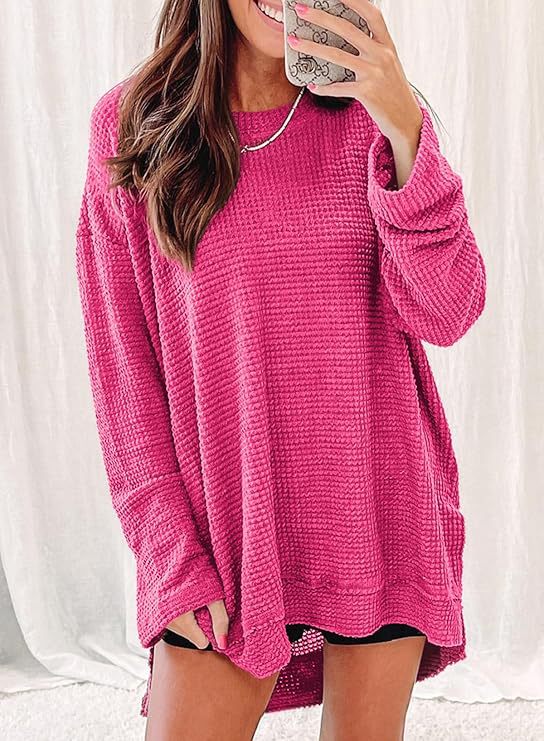 Oversized Waffle Knit Crew Neck Side Slit Long Sleeve Tunic
