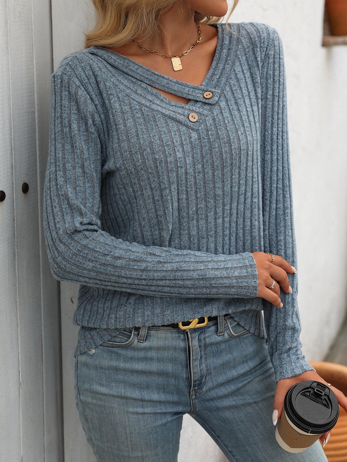 Ribbed V Neck Button Detail Long Sleeve Top