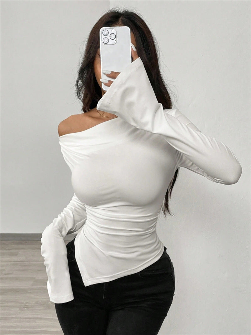 Women's V-Neck Ruched Long Sleeve Off Shoulder Fitted Top
