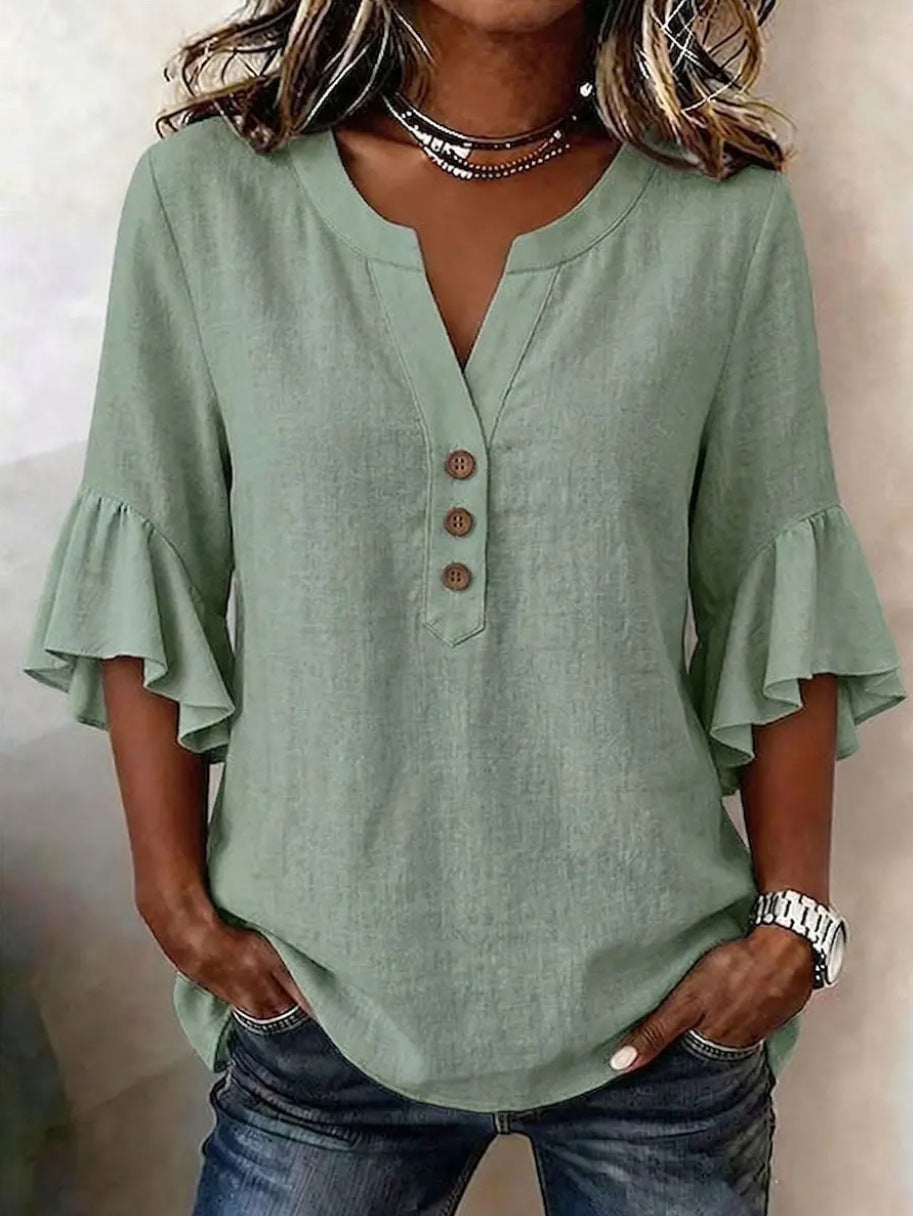 Cotton Linen Blouse V Neck Ruffle Sleeve Women's Top