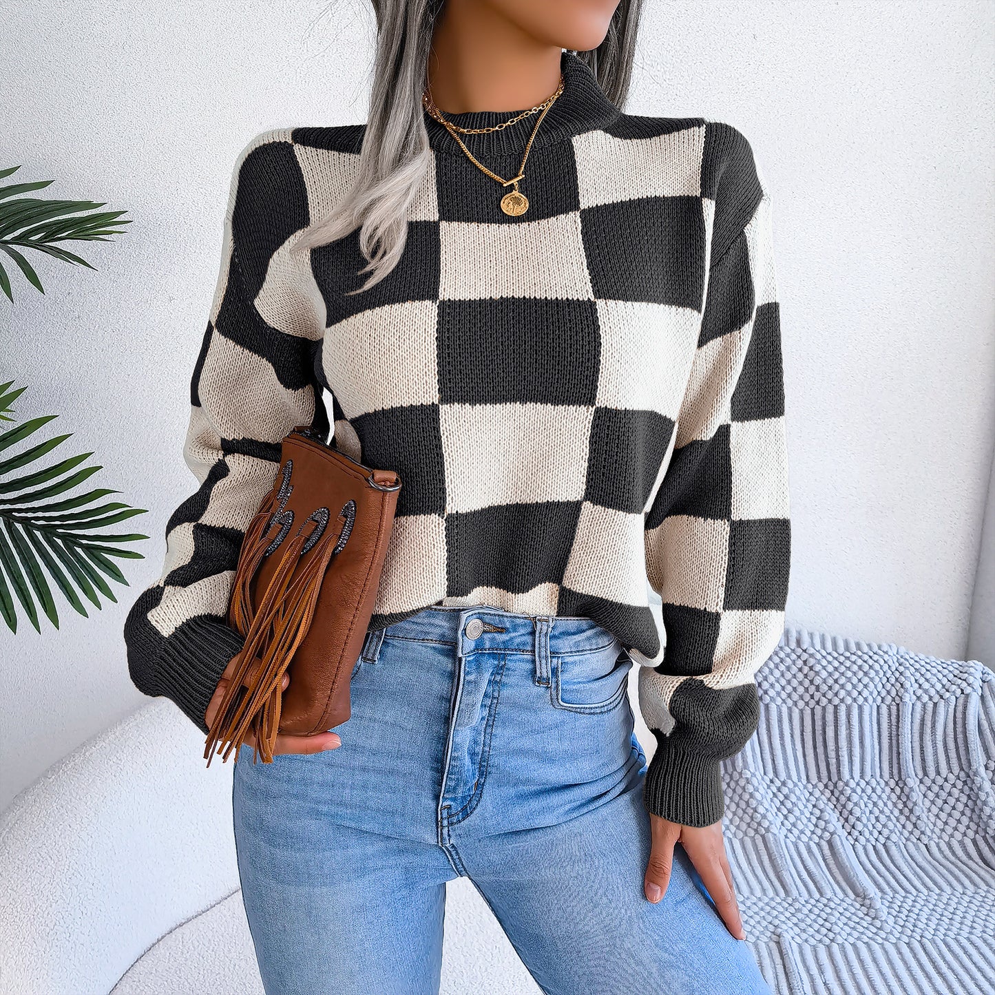 2025 Fall/Winter Colorblock Checkered Knit Sweater - Street Style