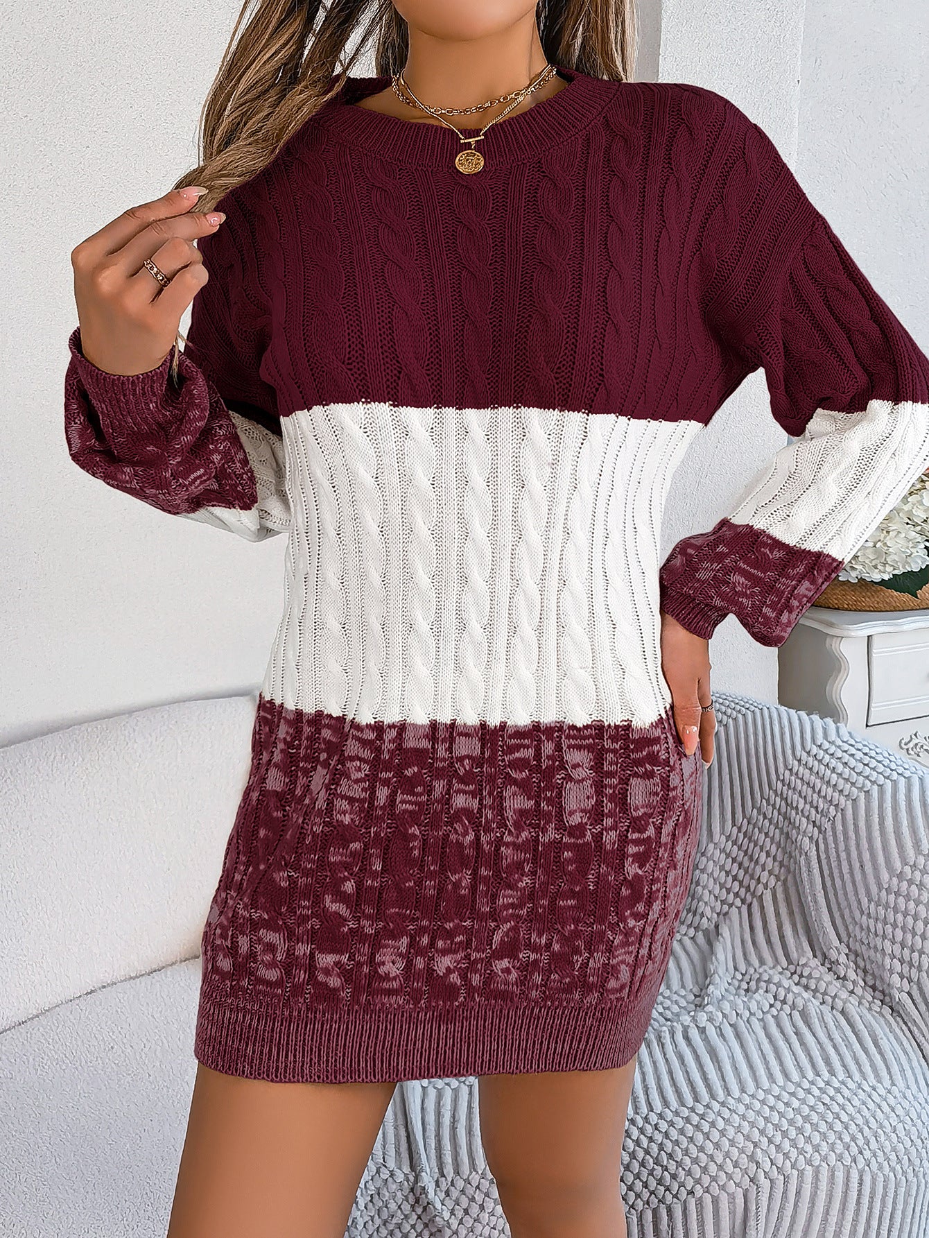 2025 Fall Winter Colorblock Cable Knit Lantern Sleeve Sweater Dress