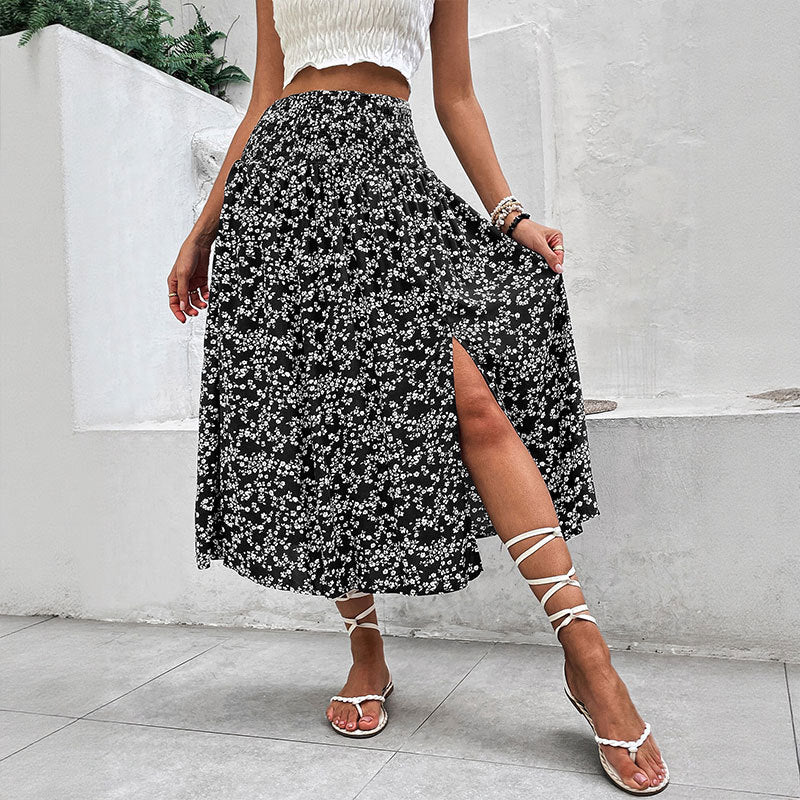 Blue Floral High Waist Slit Midi Skirt Boho Vacation Skirt