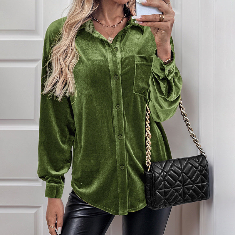 Solid Velvet Button-Up Lantern Sleeve Collared Blouse