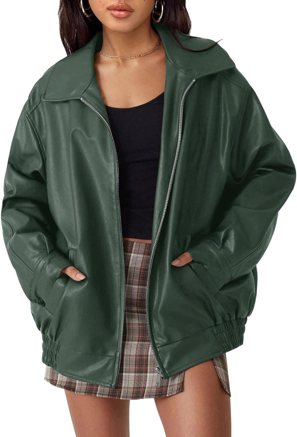 Women's Oversized Faux Leather Moto Jacket Zip Up
