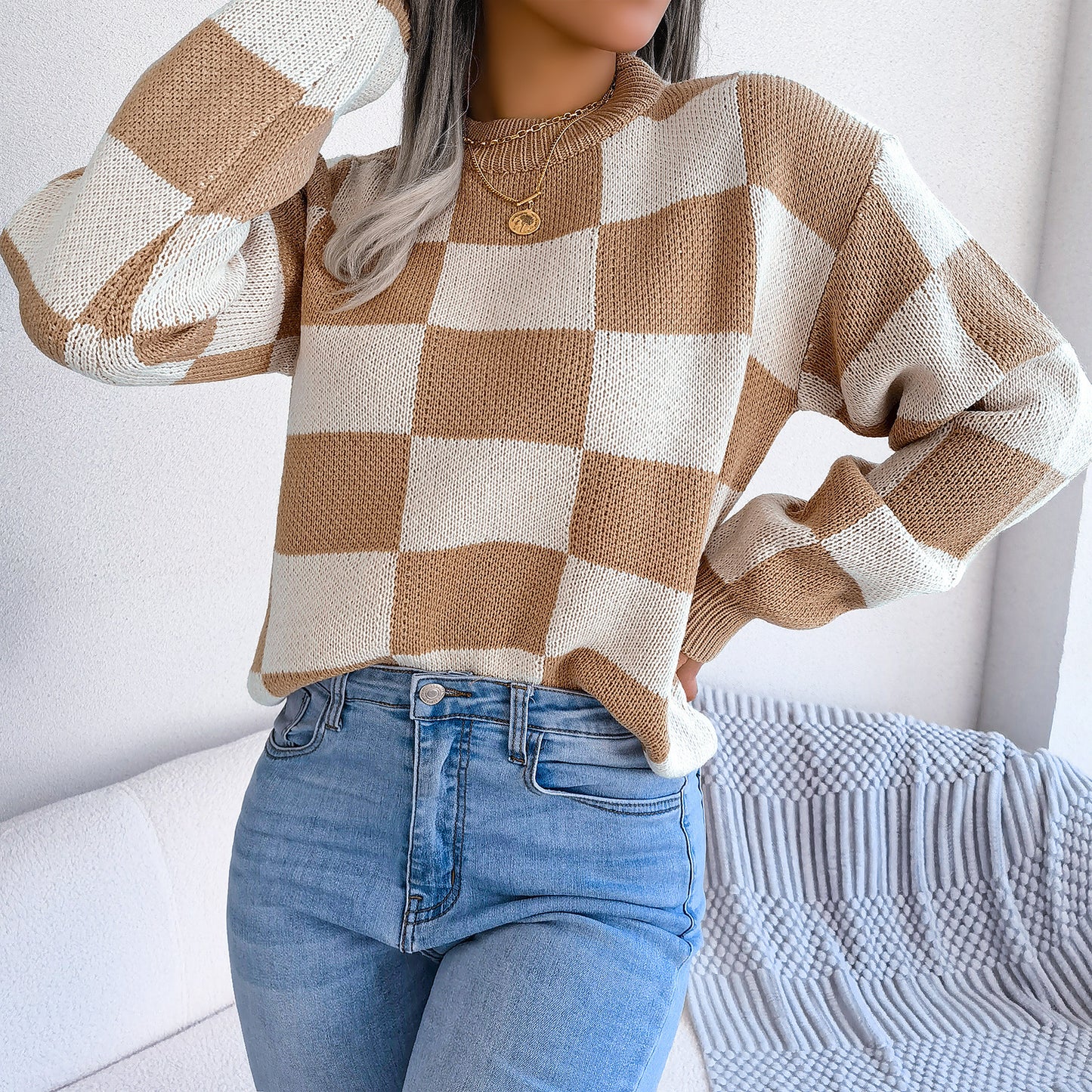 2025 Fall/Winter Colorblock Checkered Knit Sweater - Street Style