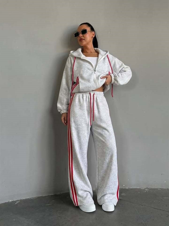 Women's Oversized Side Stripe Zip Hoodie Tracksuit Set