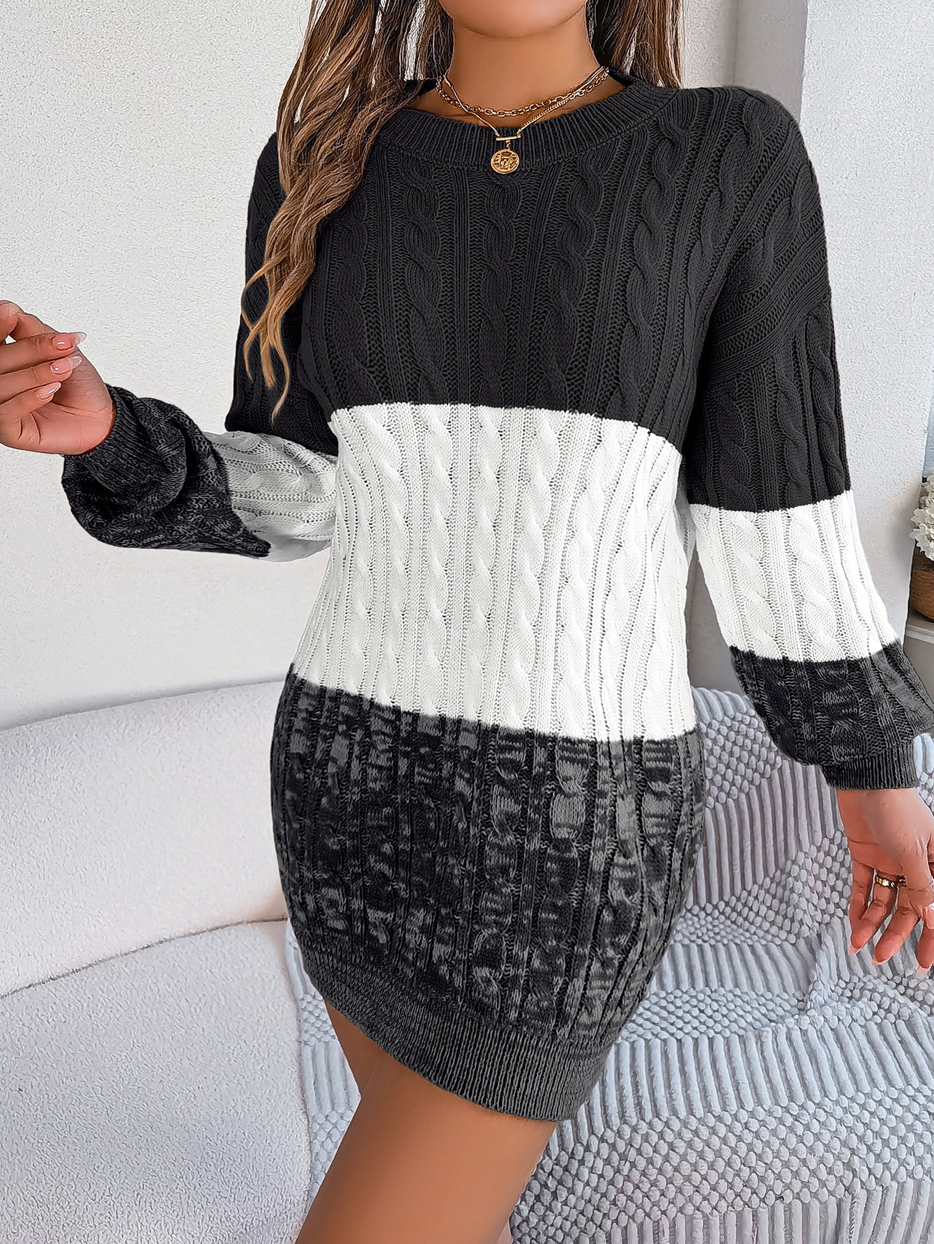 2025 Fall Winter Colorblock Cable Knit Lantern Sleeve Sweater Dress