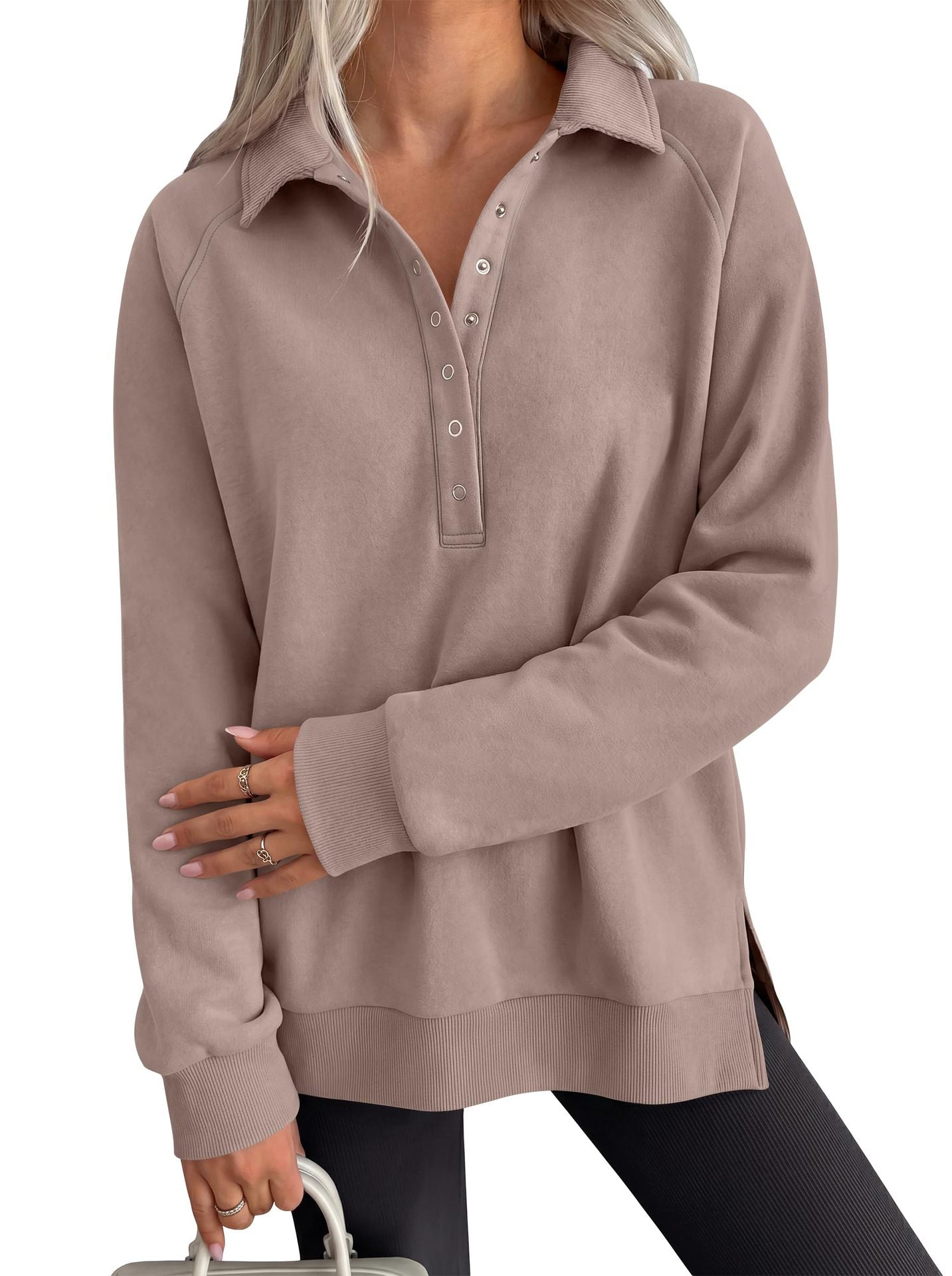 Women's Oversized Collared Button Pullover Sweatshirt