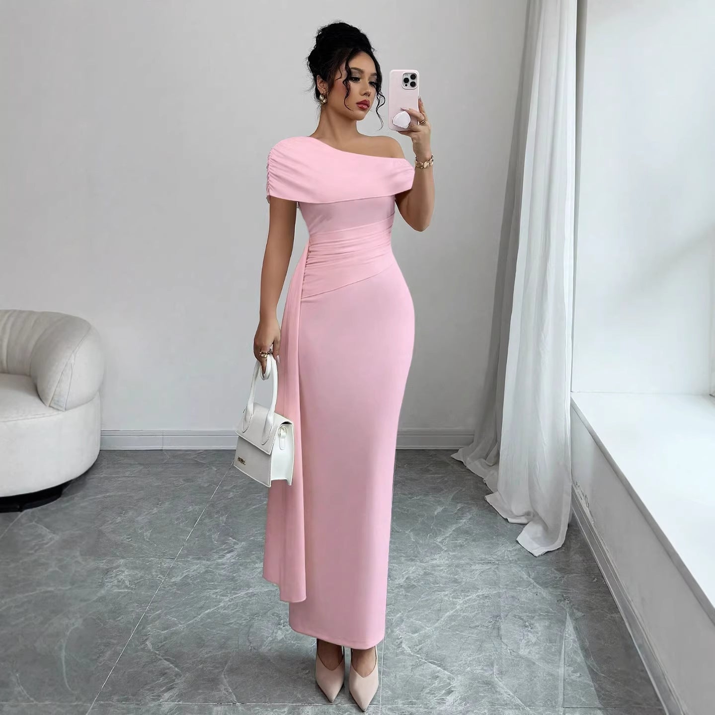 One Shoulder Maxi Dress Ruched Waist Bodycon Fit