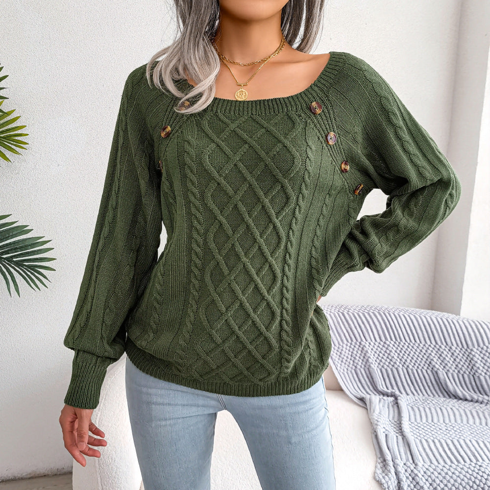 2025 Fall Winter Casual Square Neck Button Detail Cable Knit Sweater