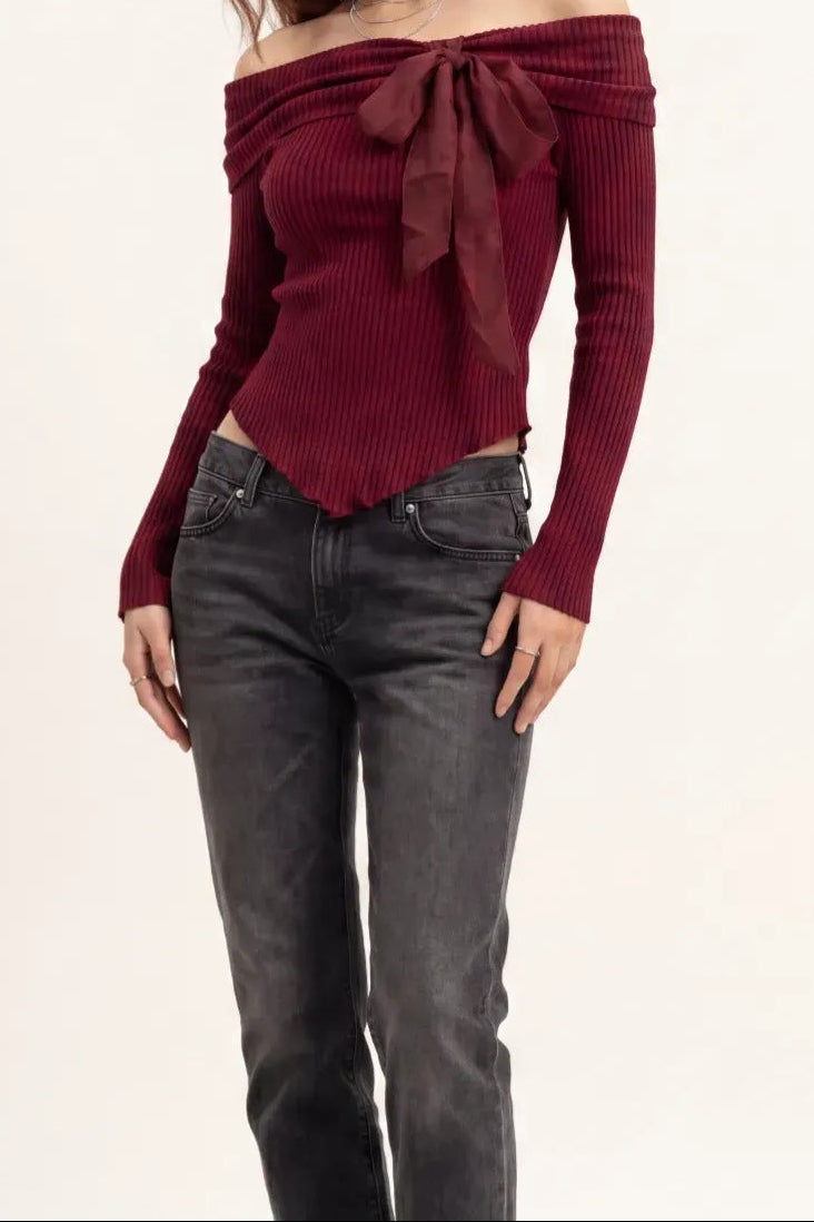 Coquette Off Shoulder Ribbed Bow Knit Top