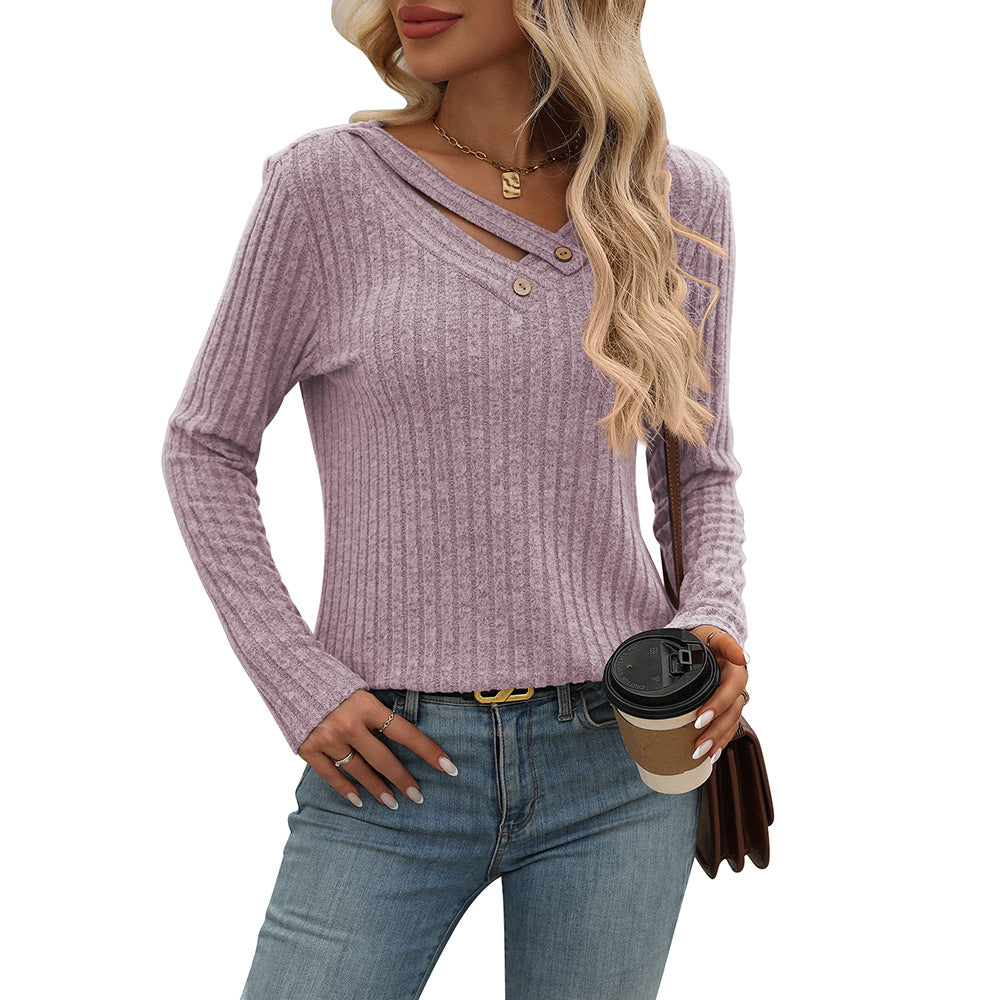 Ribbed V Neck Button Detail Long Sleeve Top