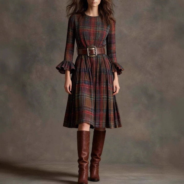 Women's Plaid Midi Dress Belted Bell Sleeve Vintage