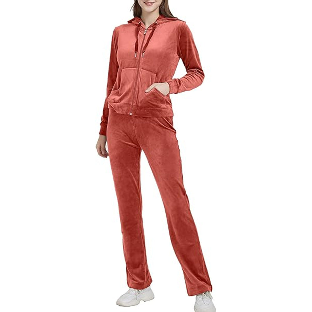 Women's Velvet Zip Hoodie Wide Leg Pants Set