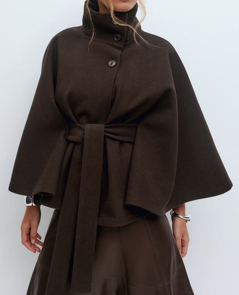 Women's Belted Cape Coat Stand Collar Button Jacket