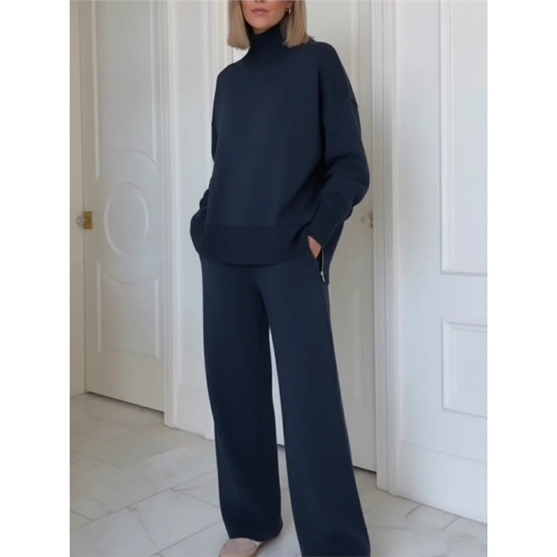 Solid Turtleneck Sweater Wide Leg Pants Lounge Set