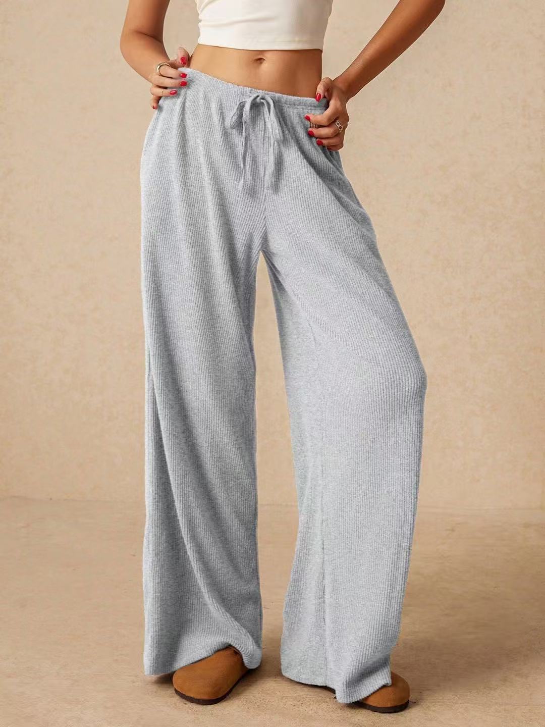 Women's Ribbed Wide Leg Palazzo Pants Drawstring Casual