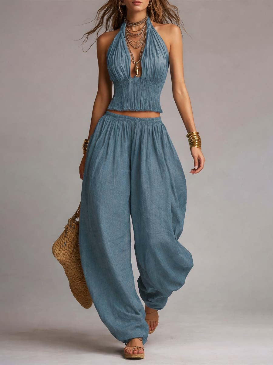 Women's Summer Halter Backless Wide Leg Pants Matching Set