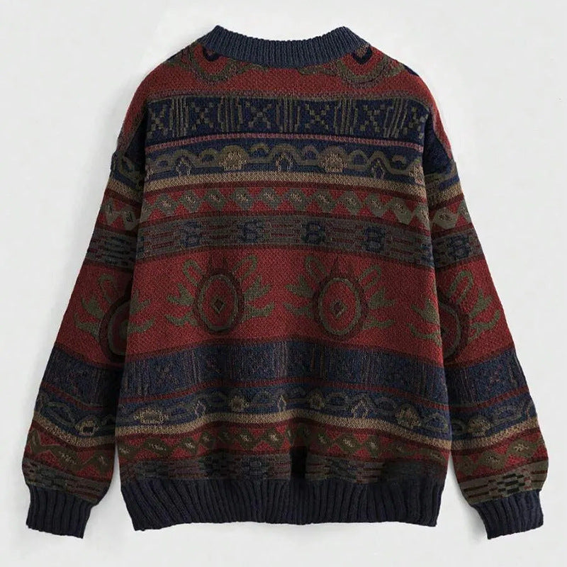 Women's Oversized Vintage Jacquard Crewneck Knit Sweater