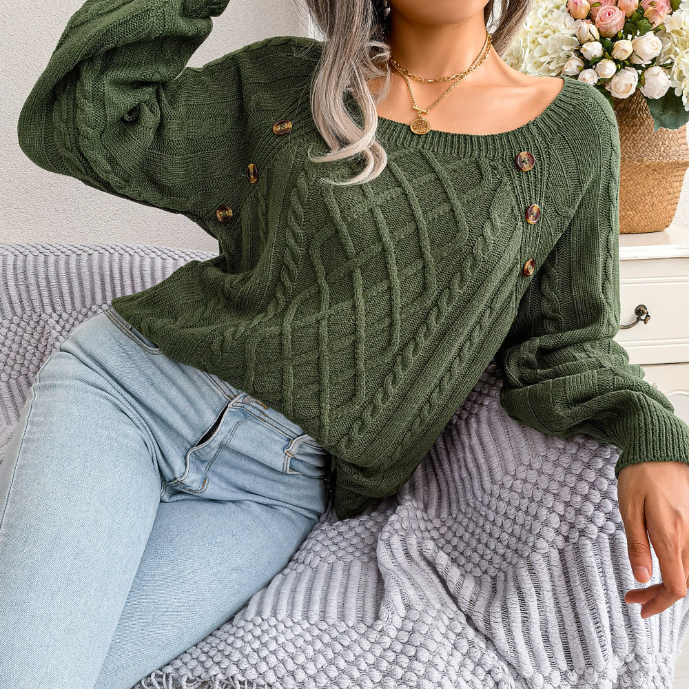 2025 Fall Winter Casual Square Neck Button Detail Cable Knit Sweater