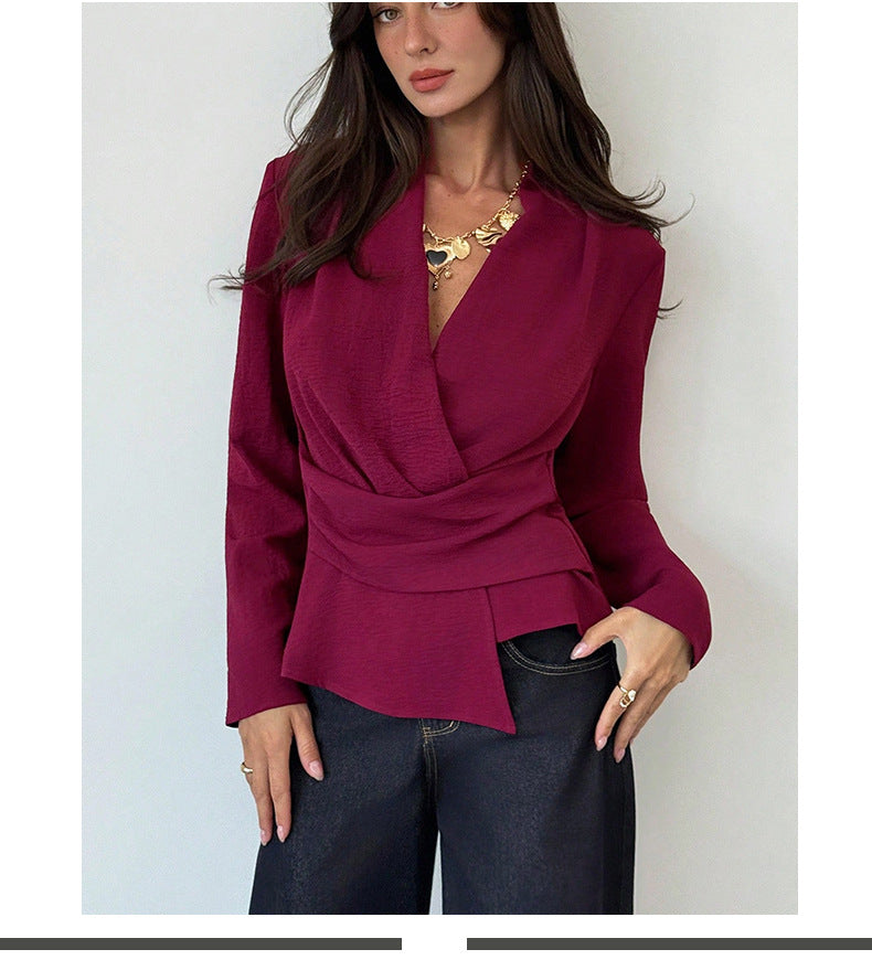 Burgundy V-Neck Ruched Asymmetric Long Sleeve Blouse