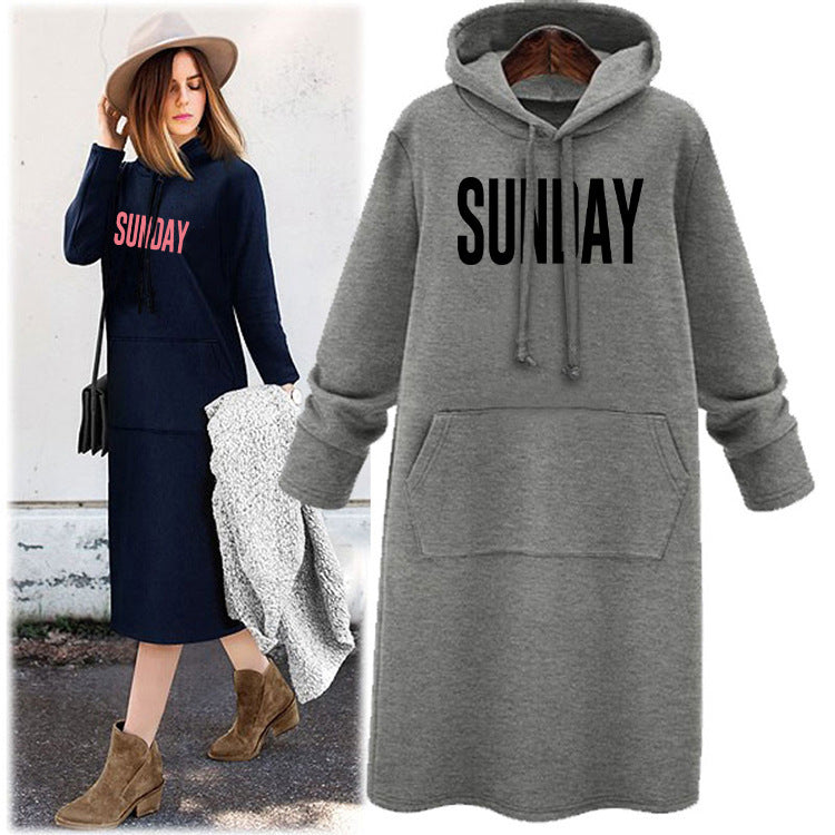 Plus Size Graphic Hoodie Dress Maxi Long Sleeve Pockets