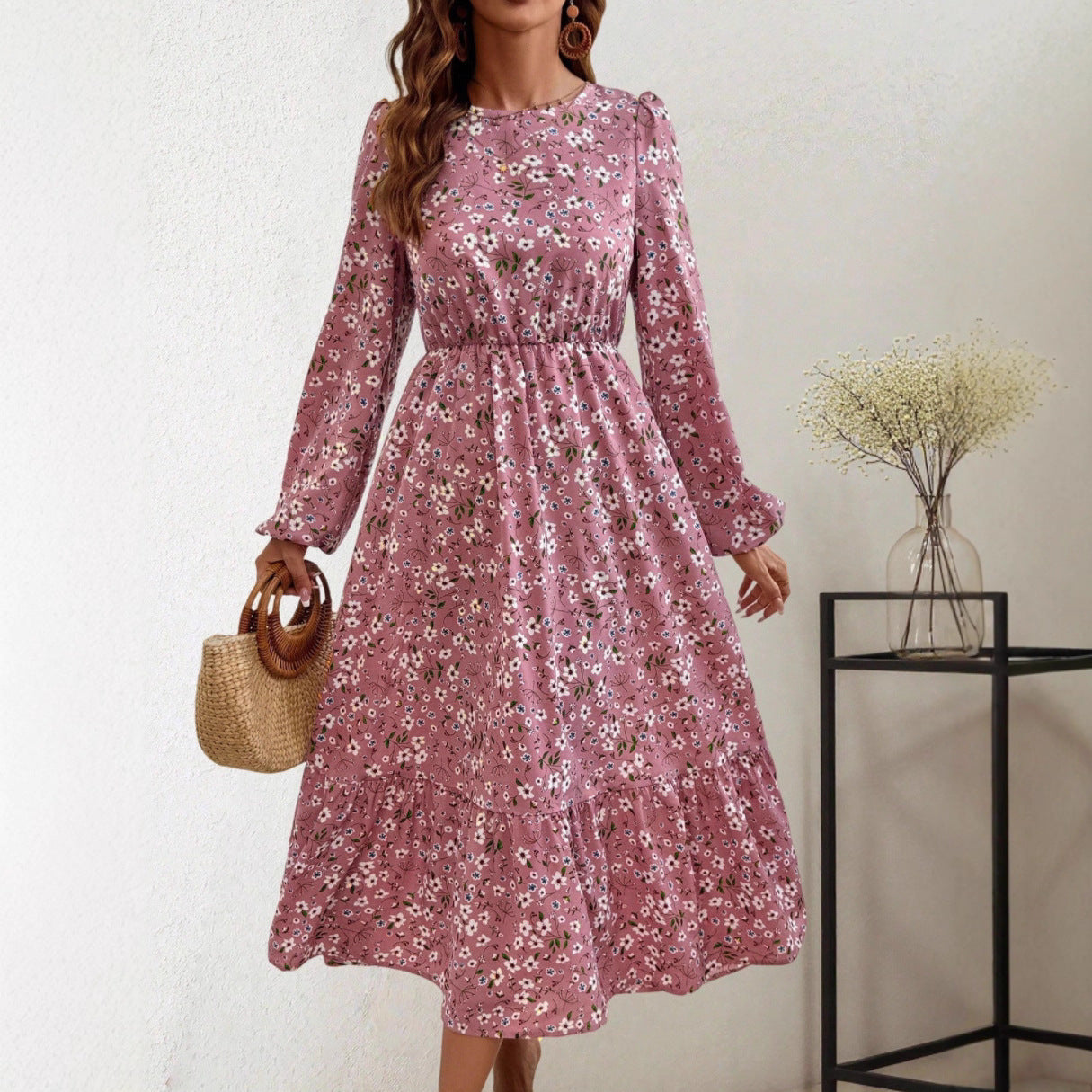Pink Floral Long Puff Sleeve Maxi Dress A-Line