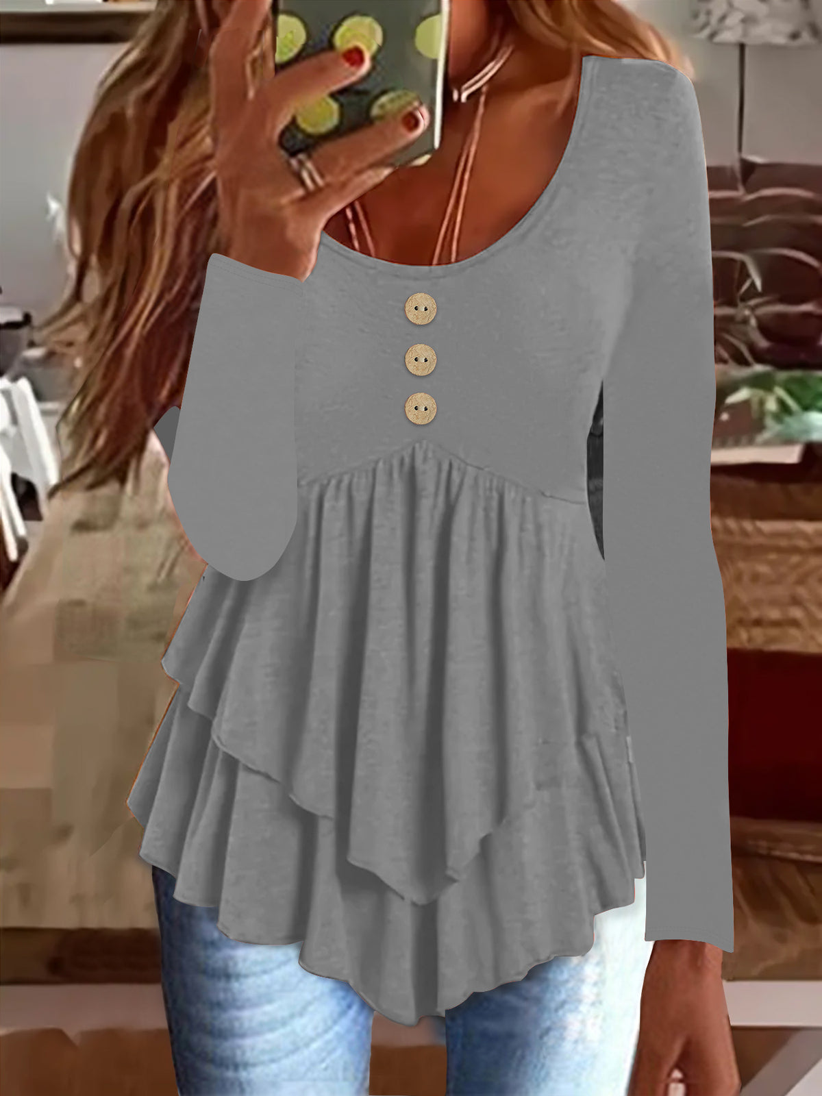 Women's Long Sleeve U-Neck Button Tiered Tunic Top