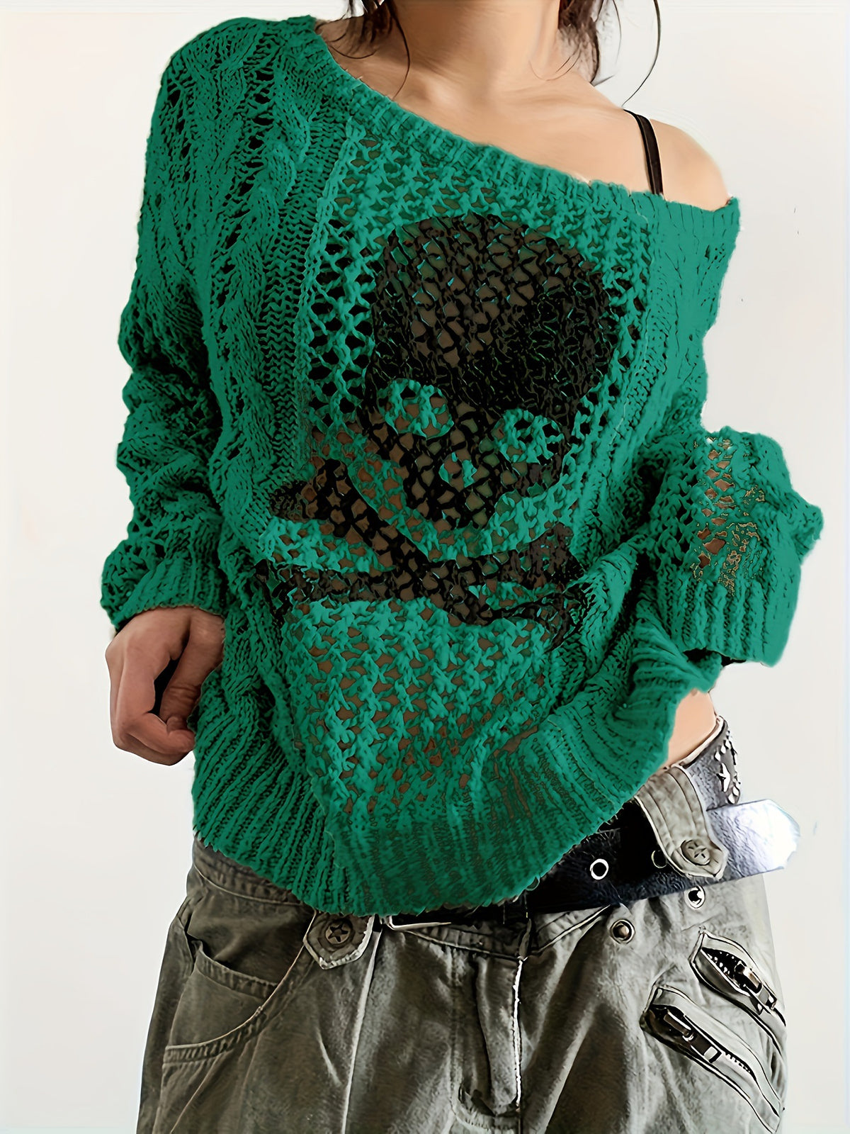 Y2K Gothic Skull Open Knit Oversized Sweater