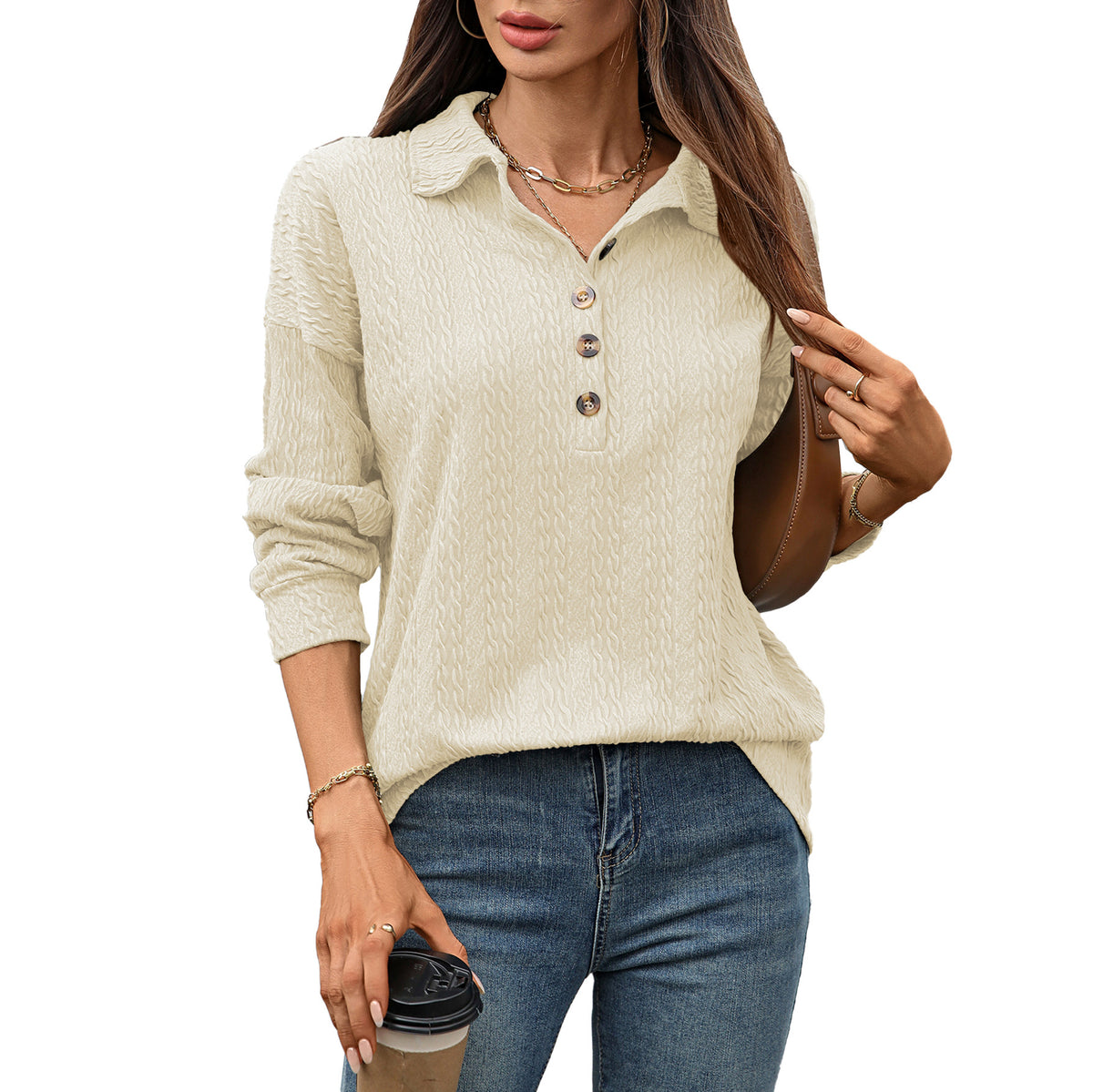 Womens Collared Button Long Sleeve Oversized Pullover Top