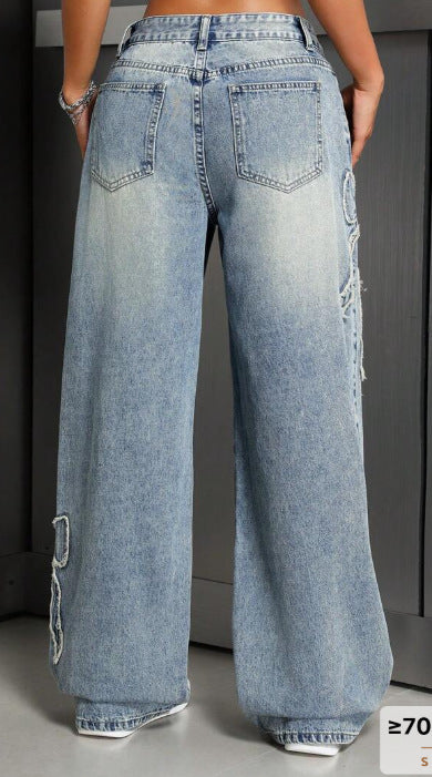 High Waisted Butterfly Embroidered Baggy Jeans