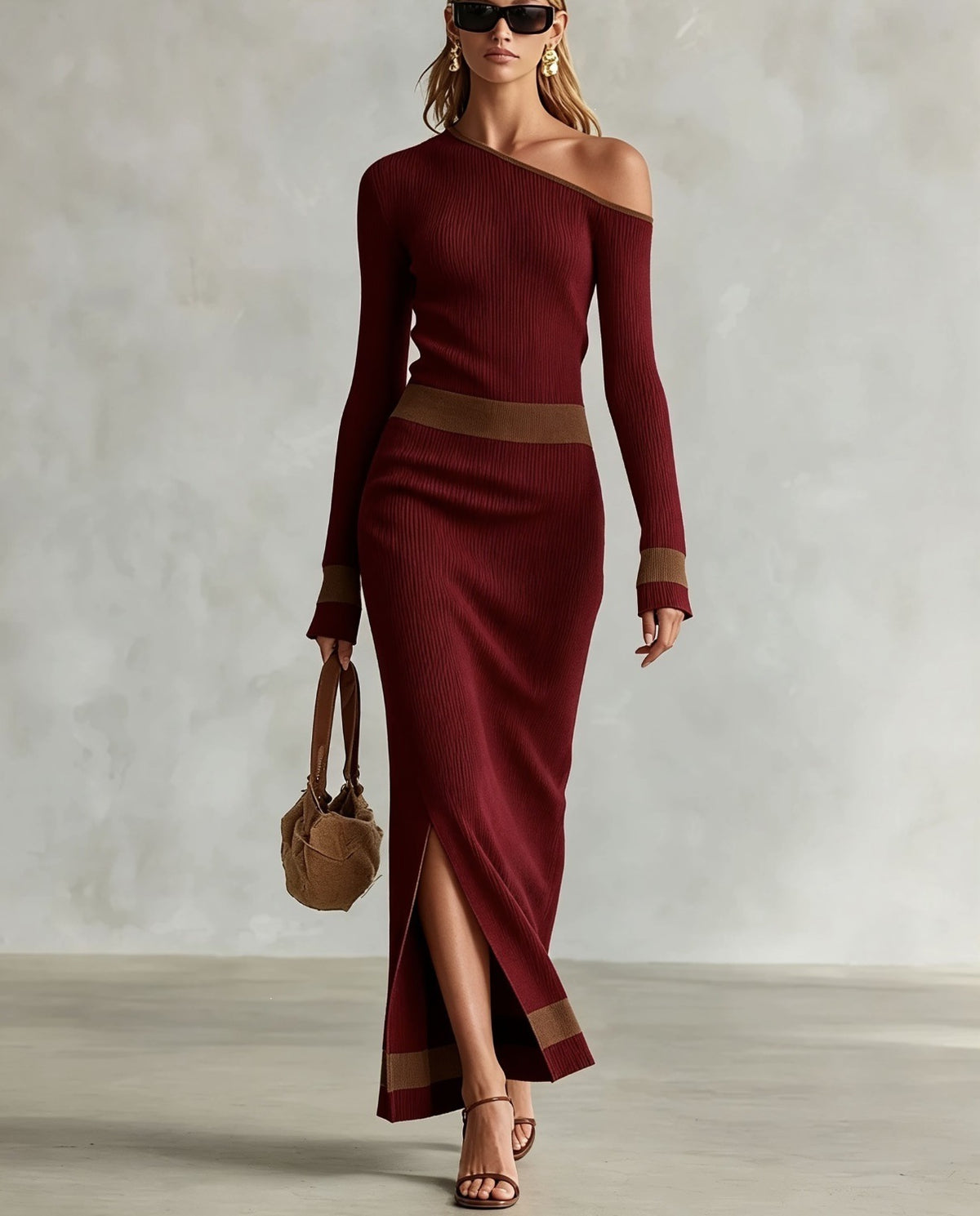 One Shoulder Colorblock Ribbed Knit Maxi Slit Dress