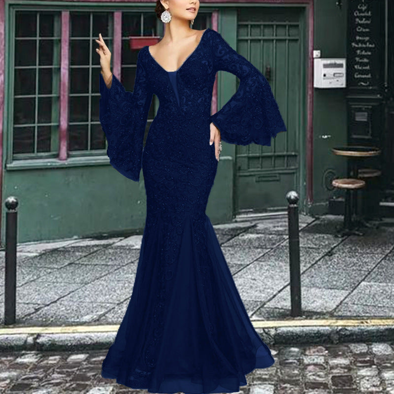 Sexy V-Neck Lace Mermaid Evening Gown Bell Sleeves