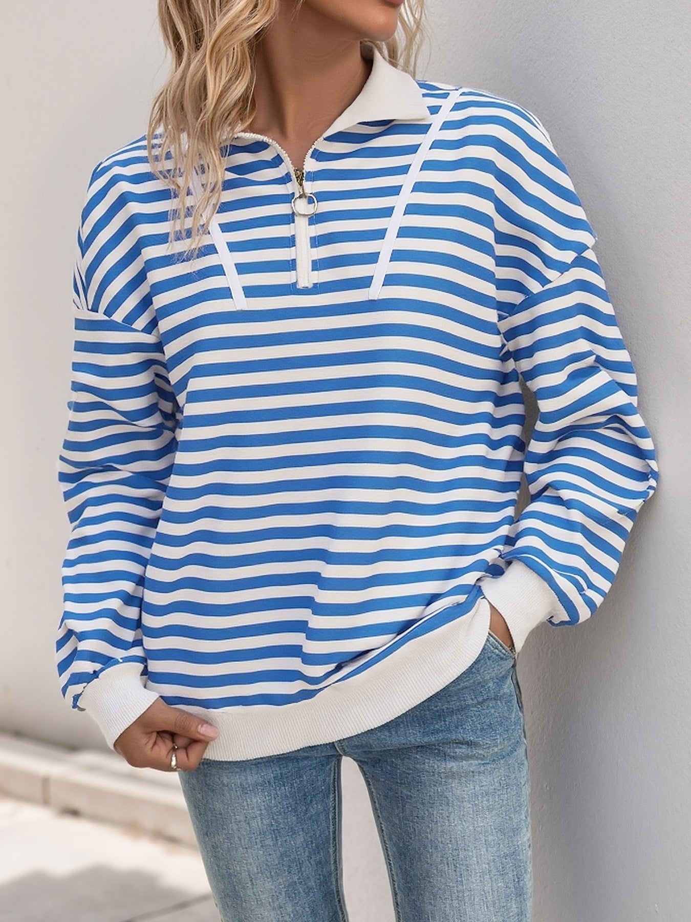 Striped Quarter Zip Collared Sweatshirt Casual Pullover Top