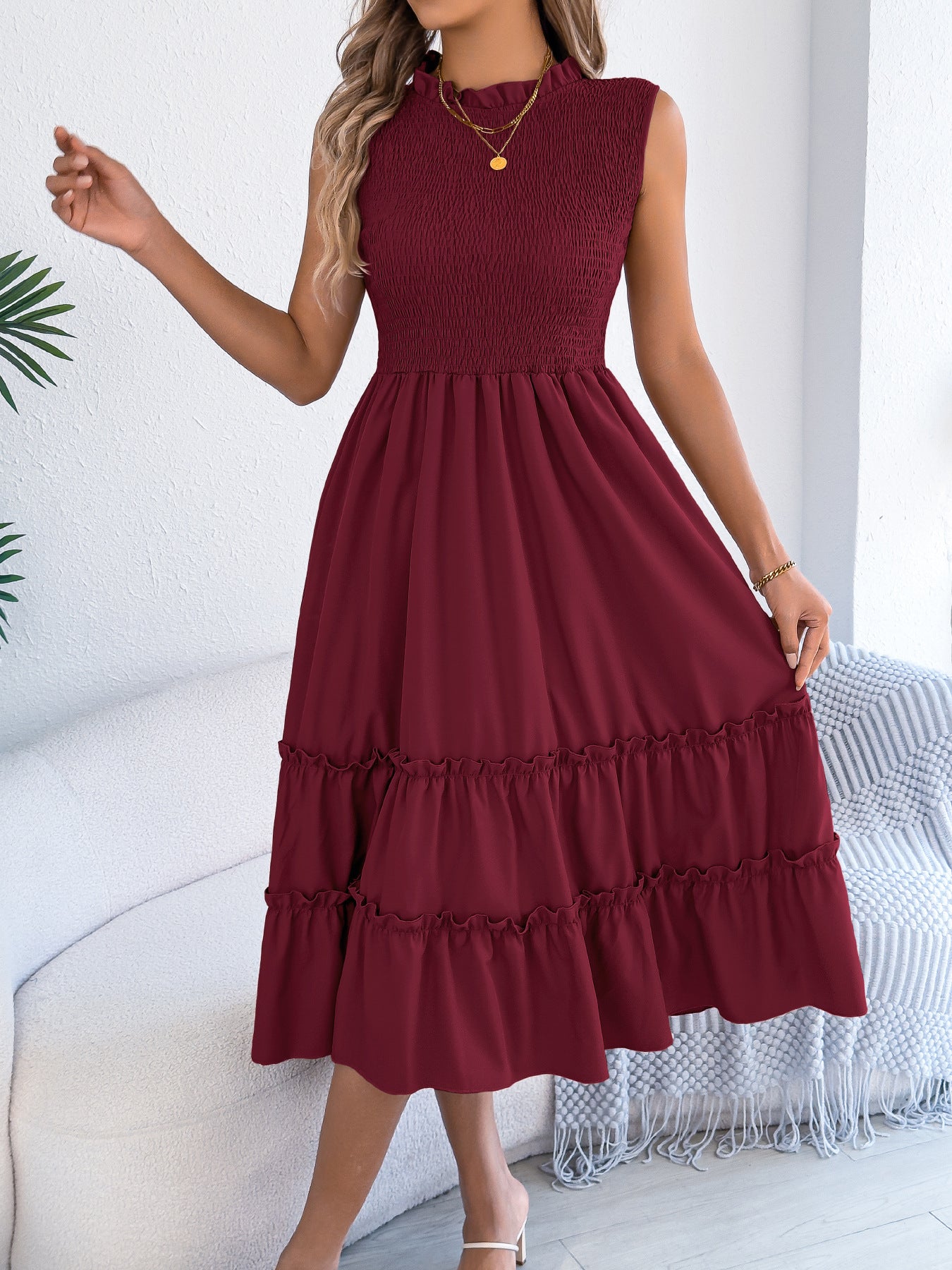 Smocked Sleeveless Ruffle Midi Dress Flowy Summer