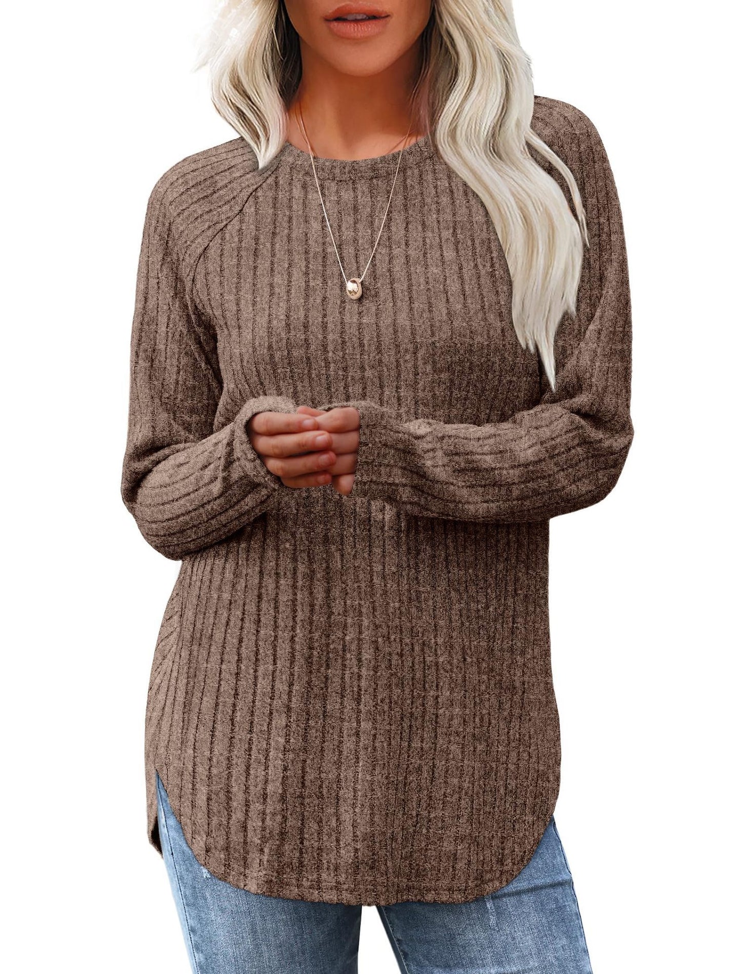 Women's Ribbed Brushed Long Sleeve Crew Neck Curved Hem Top